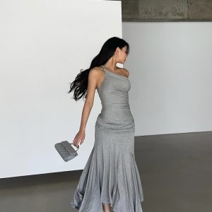 Twisted Tank Top with Built-In Fan Effect and Flowing Skirt - Gray-Scale Fashionable Aesthetics, Y2K Style