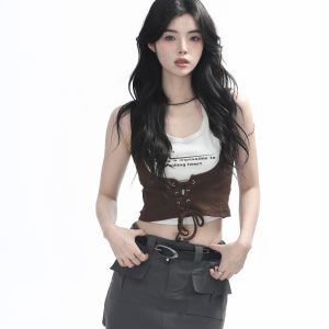 Two-Piece Halter Crop Top for Women with Unique Patchwork Design - Spicy Girl Style, Perfect for 90s and Y2K Fashion Lovers