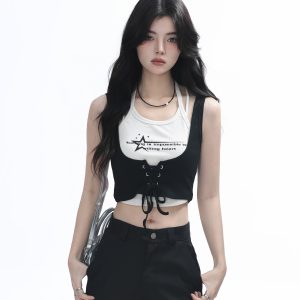 Two-Piece Halter Crop Top for Women with Unique Patchwork Design - Spicy Girl Style, Perfect for 90s and Y2K Fashion Lovers
