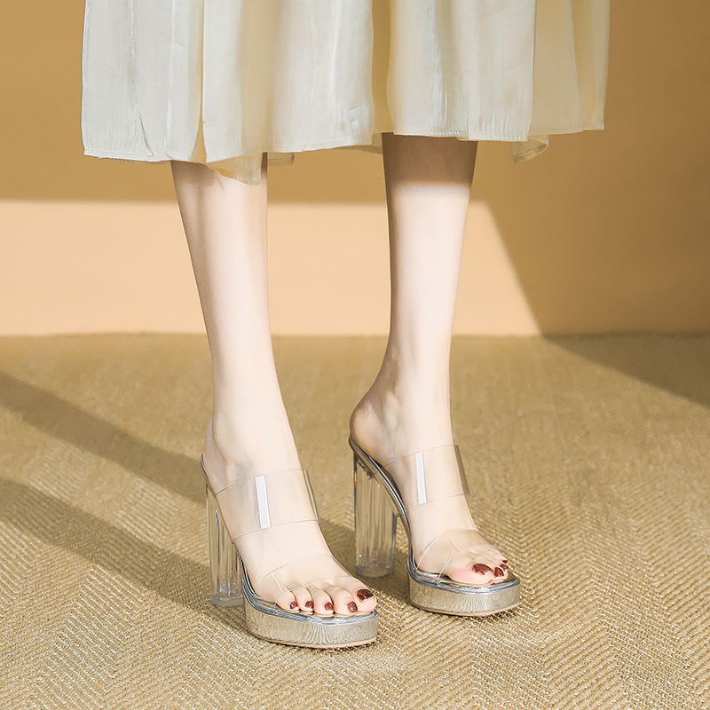 Ultra-High Heel Transparent Sandals for Women - Summer Waterproof Platform Chunky Heels, Square Toe One-Strap Slide Sandals