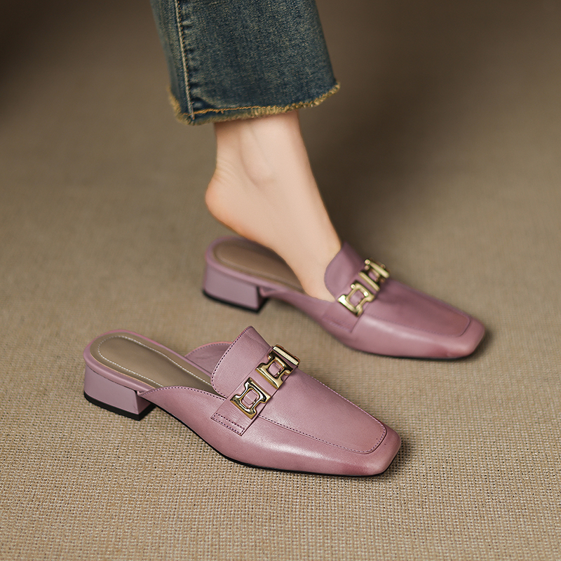 Ultra-Soft Genuine Leather Open-Toe Mule Shoes with Chunky Heels - Comfortable Italian Slippers for Everyday Style