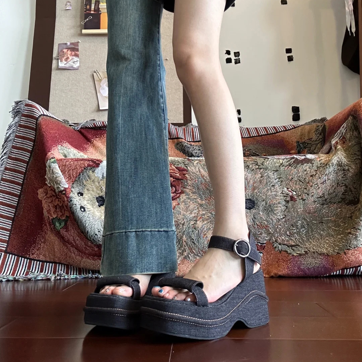 Ultra-Thick Platform Denim Sandals with One-Strap Buckle, Open-Toe Wedge for Petite Women, Roman Beach Style