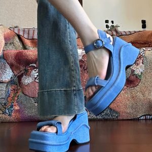Ultra-Thick Platform Denim Sandals with One-Strap Buckle, Open-Toe Wedge for Petite Women, Roman Beach Style