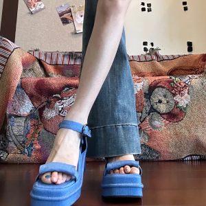 Ultra-Thick Platform Denim Sandals with One-Strap Buckle, Open-Toe Wedge for Petite Women, Roman Beach Style