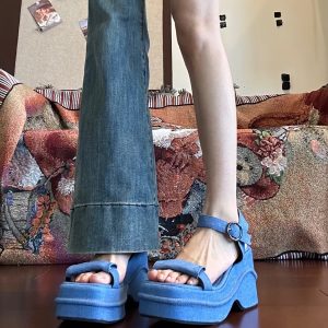 Ultra-Thick Platform Denim Sandals with One-Strap Buckle, Open-Toe Wedge for Petite Women, Roman Beach Style