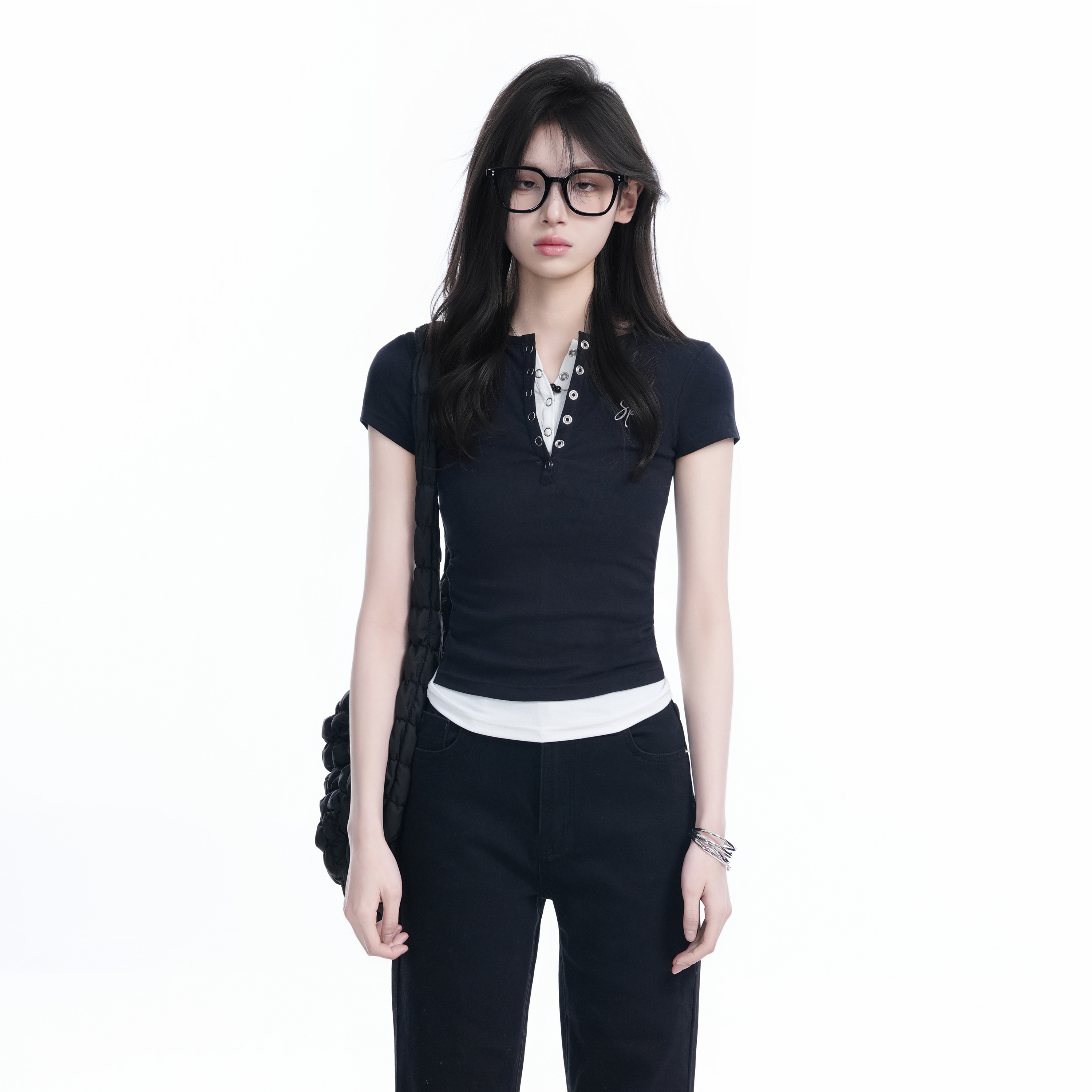 Unique Button Half-Open Collar Faux Two-Piece Short Sleeve T-Shirt for Women - Slim Fit, Casual Style, Trendy Short Length