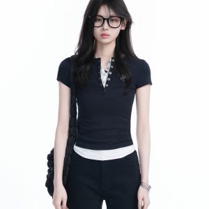 Unique Button Half-Open Collar Faux Two-Piece Short Sleeve T-Shirt for Women - Slim Fit, Casual Style, Trendy Short Length