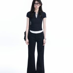 Unique Button Half-Open Collar Faux Two-Piece Short Sleeve T-Shirt for Women - Slim Fit, Casual Style, Trendy Short Length