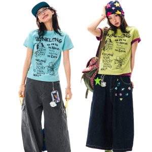 Unique Fun Print Short Sleeve T-Shirt for Women, Summer Slim Fit Casual Top, 90s Inspired Fashion, Trendy Summer Wear