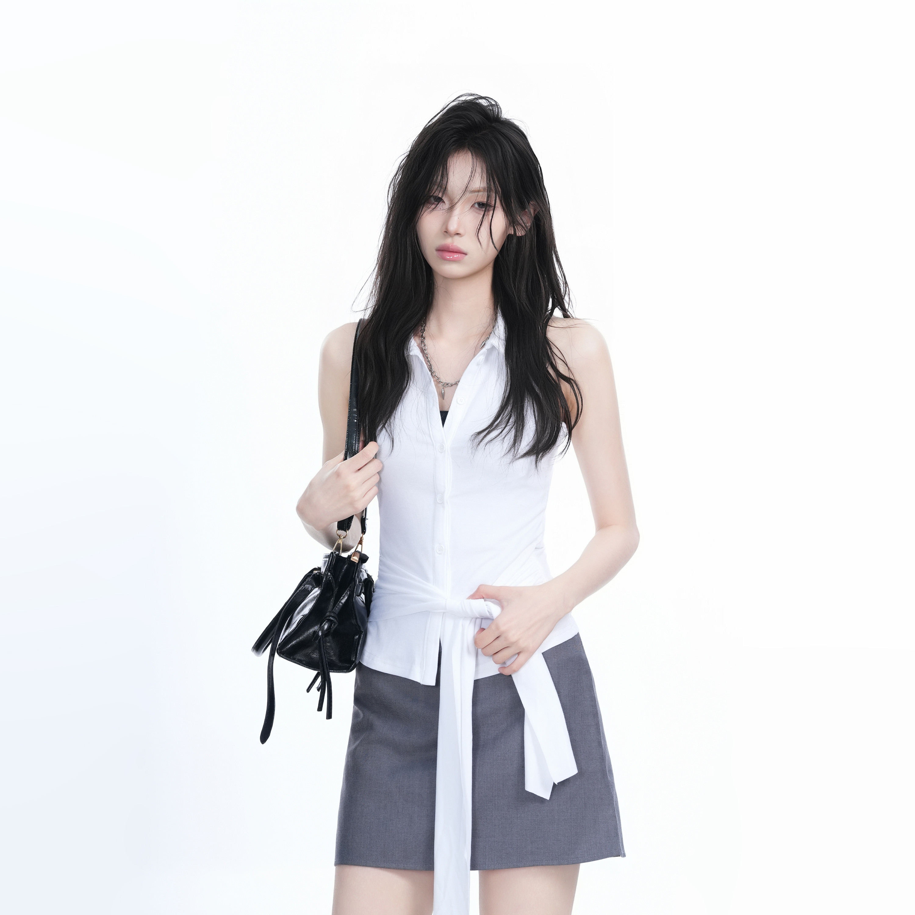 Unique Sleeveless T-Shirt for Women with Cinched Waist and Button Cardigan Design - Trendy Casual Style Unique Sleeveless T-Shirt for Women with Cinched Waist and Button Cardigan Design - Trendy Casual Style