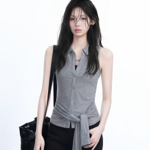 Unique Sleeveless T-Shirt for Women with Cinched Waist and Button Cardigan Design - Trendy Casual Style