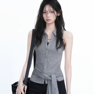 Unique Sleeveless T-Shirt for Women with Cinched Waist and Button Cardigan Design - Trendy Casual Style