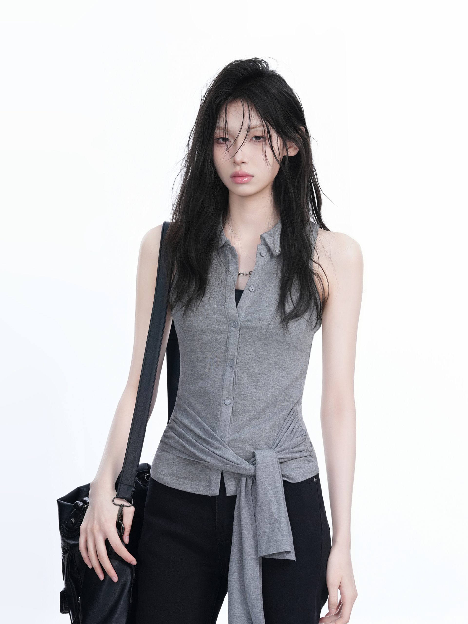 Unique Sleeveless T-Shirt for Women with Cinched Waist and Button Cardigan Design - Trendy Casual Style Unique Sleeveless T-Shirt for Women with Cinched Waist and Button Cardigan Design - Trendy Casual Style