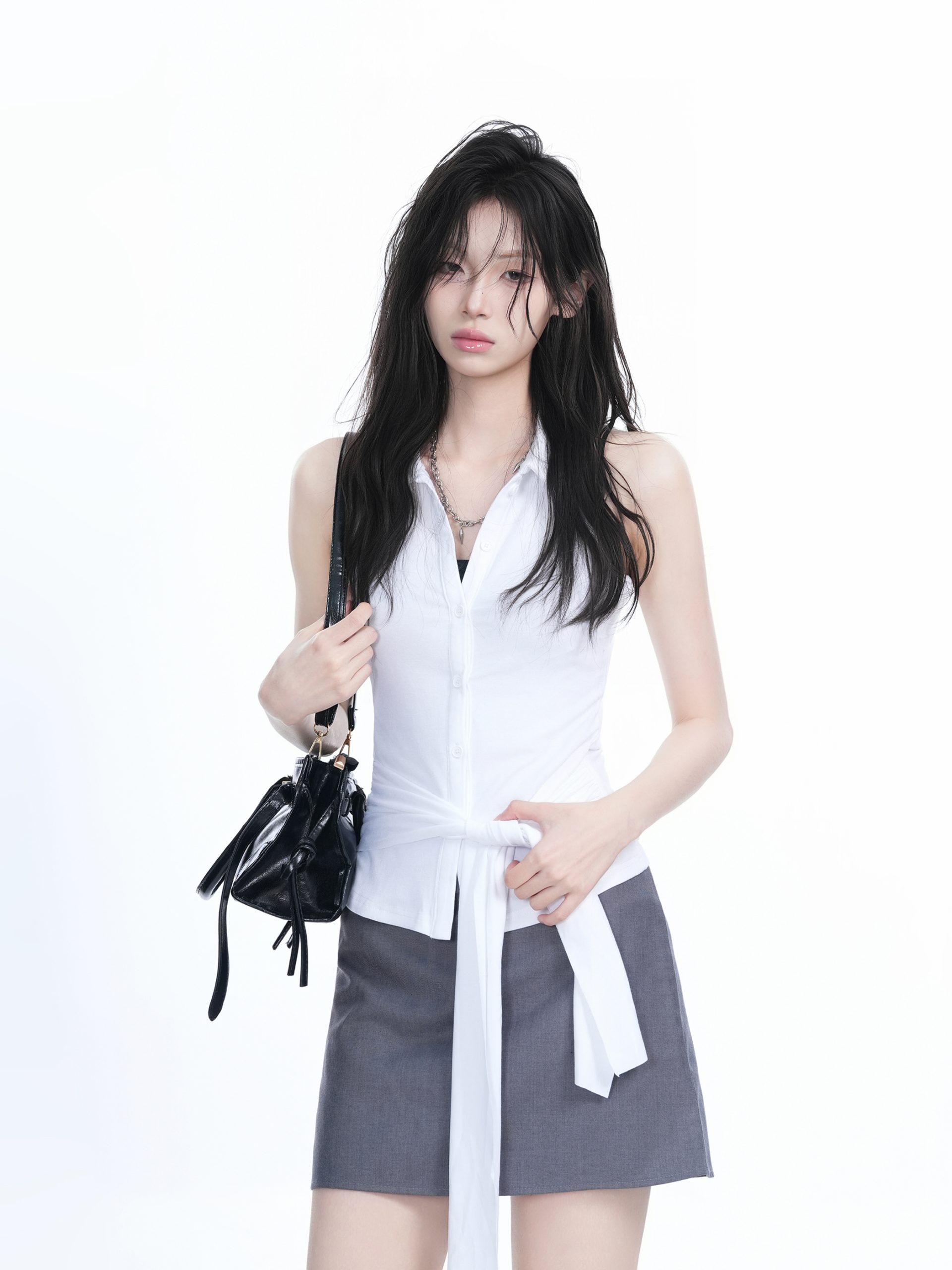 Unique Sleeveless T-Shirt for Women with Cinched Waist and Button Cardigan Design - Trendy Casual Style Unique Sleeveless T-Shirt for Women with Cinched Waist and Button Cardigan Design - Trendy Casual Style