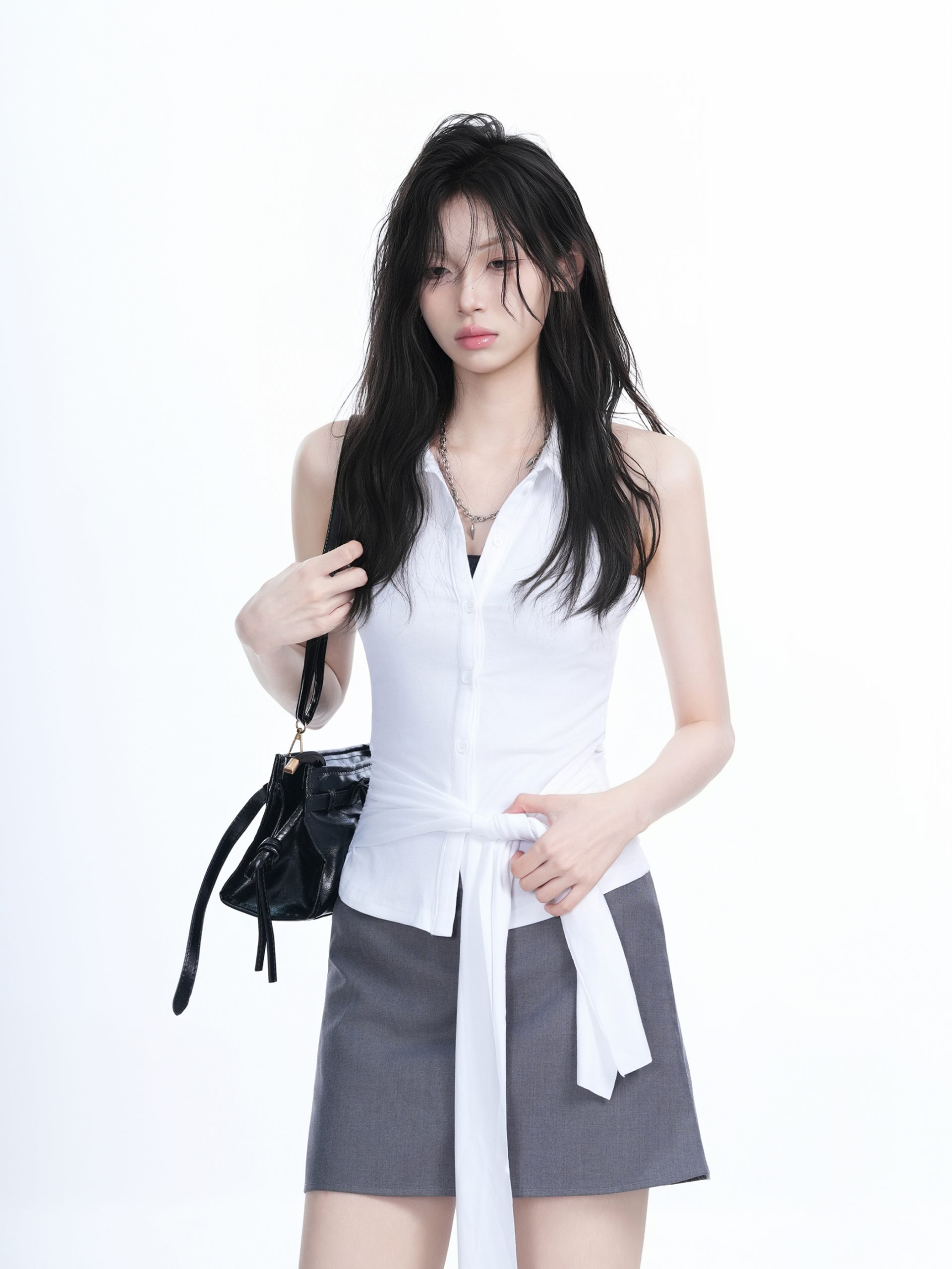 Unique Sleeveless T-Shirt for Women with Cinched Waist and Button Cardigan Design - Trendy Casual Style Unique Sleeveless T-Shirt for Women with Cinched Waist and Button Cardigan Design - Trendy Casual Style