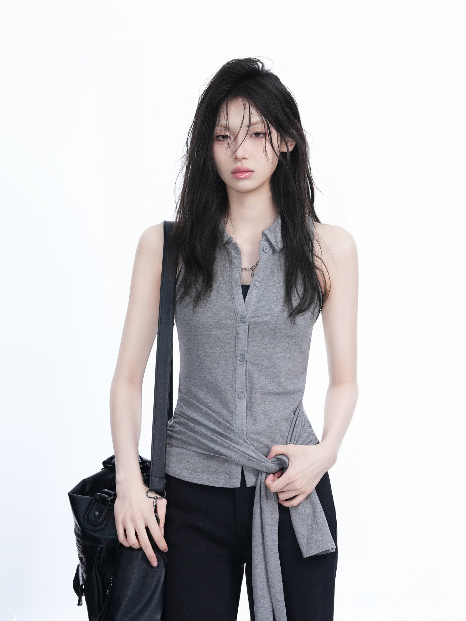 Unique Sleeveless T-Shirt for Women with Cinched Waist and Button Cardigan Design - Trendy Casual Style Unique Sleeveless T-Shirt for Women with Cinched Waist and Button Cardigan Design - Trendy Casual Style