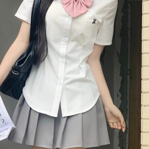 Unique Women's Short Sleeve Pocket Waist JK Shirt in White and Blue - Foldable Design, Casual Style, Perfect for Everyday Wear