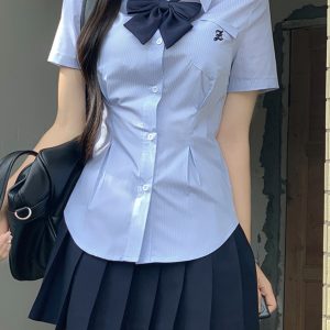 Unique Women's Short Sleeve Pocket Waist JK Shirt in White and Blue - Foldable Design, Casual Style, Perfect for Everyday Wear