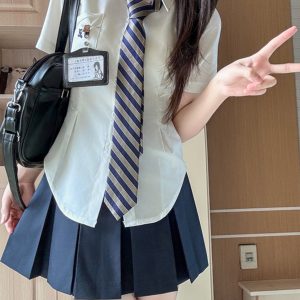 Unique Women's Short Sleeve Pocket Waist JK Shirt in White and Blue - Foldable Design, Casual Style, Perfect for Everyday Wear