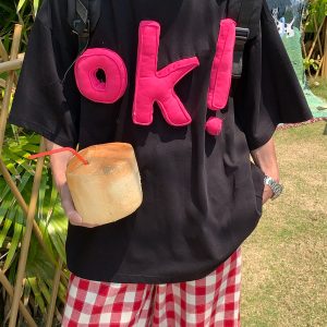 Unisex 3D OK Letter Printed Short Sleeve T-Shirt - Casual Vintage Summer Top, Loose Fit, Perfect for Y2K and Street Style