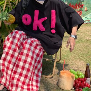 Unisex 3D OK Letter Printed Short Sleeve T-Shirt - Casual Vintage Summer Top, Loose Fit, Perfect for Y2K and Street Style