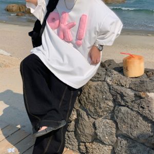 Unisex 3D OK Letter Printed Short Sleeve T-Shirt - Casual Vintage Summer Top, Loose Fit, Perfect for Y2K and Street Style