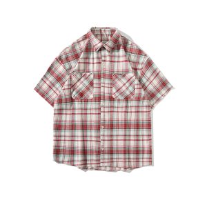 Unisex American Retro Brushed Plaid Short Sleeve T-Shirt - Casual Loose Fit Summer Shirt for Couples