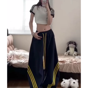 Unisex American Retro Color-Blocking Wide-Leg Cargo Pants - 90s Inspired, Spring 2025 Loose Casual Sportswear