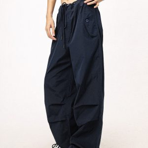 Unisex American Retro Parachute Pants, Street Style Straight Leg Drawstring Loose Fit Casual Trousers, 90s Inspired Fashion