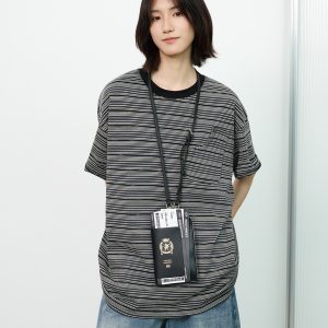 Unisex American Retro Striped Short Sleeve T-Shirt with Round Neck and Cutout Pocket Design - Y2K Style Fashion Top