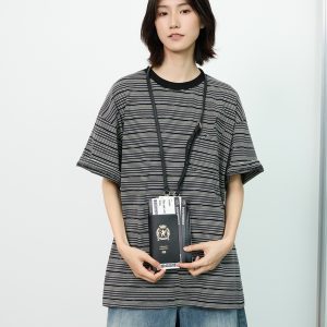 Unisex American Retro Striped Short Sleeve T-Shirt with Round Neck and Cutout Pocket Design - Y2K Style Fashion Top