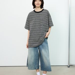 Unisex American Retro Striped Short Sleeve T-Shirt with Round Neck and Cutout Pocket Design - Y2K Style Fashion Top