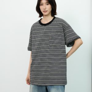 Unisex American Retro Striped Short Sleeve T-Shirt with Round Neck and Cutout Pocket Design - Y2K Style Fashion Top