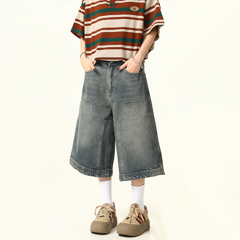 Unisex American Retro Washed Denim Shorts - Trendy Cropped Wide-Leg Straight-Leg Style for Streetwear Fashion