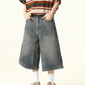 Unisex American Retro Washed Denim Shorts - Trendy Cropped Wide-Leg Straight-Leg Style for Streetwear Fashion