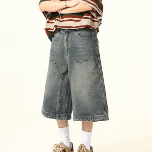 Unisex American Retro Washed Denim Shorts - Trendy Cropped Wide-Leg Straight-Leg Style for Streetwear Fashion