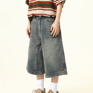 Unisex American Retro Washed Denim Shorts - Trendy Cropped Wide-Leg Straight-Leg Style for Streetwear Fashion