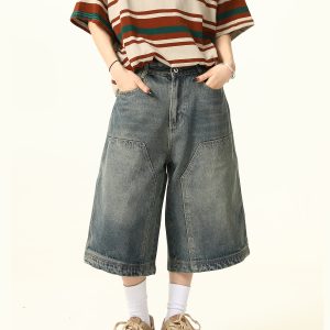 Unisex American Retro Washed Denim Shorts - Trendy Cropped Wide-Leg Straight-Leg Style for Streetwear Fashion