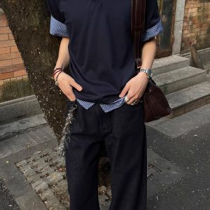 Unisex American-Style Plaid Polo Shirt - Spliced Faux Two-Piece, Loose Casual Short Sleeve for Summer Trend