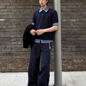 Unisex American-Style Plaid Polo Shirt - Spliced Faux Two-Piece, Loose Casual Short Sleeve for Summer Trend