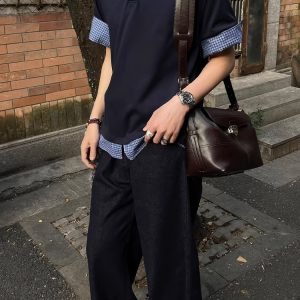 Unisex American-Style Plaid Polo Shirt - Spliced Faux Two-Piece, Loose Casual Short Sleeve for Summer Trend