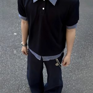 Unisex American-Style Plaid Polo Shirt - Spliced Faux Two-Piece, Loose Casual Short Sleeve for Summer Trend