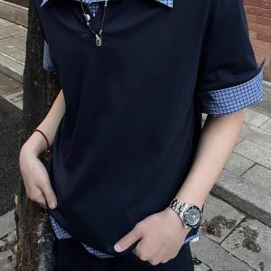 Unisex American-Style Plaid Polo Shirt - Spliced Faux Two-Piece, Loose Casual Short Sleeve for Summer Trend