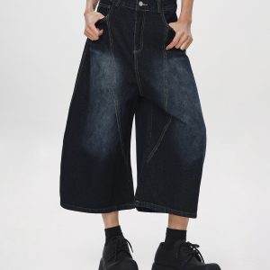 Unisex American Wash Denim Capris - Summer Loose Wide-Leg Pants for Men and Women - Unique 90s Style