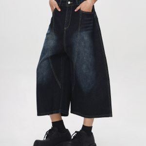 Unisex American Wash Denim Capris - Summer Loose Wide-Leg Pants for Men and Women - Unique 90s Style