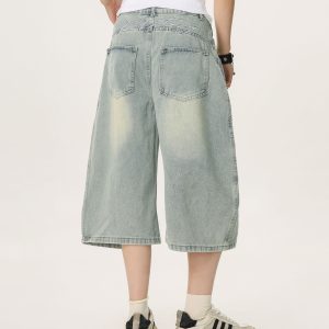 Unisex American Wash Denim Capris - Summer Loose Wide-Leg Pants for Men and Women - Unique 90s Style