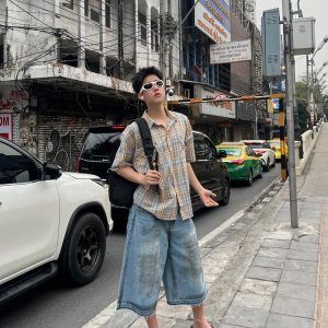 Unisex Brushed Plaid Short Sleeve Shirt - American Style Summer Casual Shirt for Couples, Loose Fit College Trend