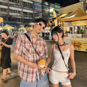 Unisex Brushed Plaid Short Sleeve Shirt - American Style Summer Casual Shirt for Couples, Loose Fit College Trend