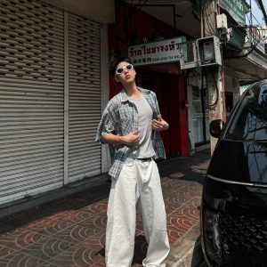 Unisex Brushed Plaid Short Sleeve Shirt - American Style Summer Casual Shirt for Couples, Loose Fit College Trend