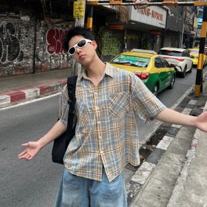 Unisex Brushed Plaid Short Sleeve Shirt - American Style Summer Casual Shirt for Couples, Loose Fit College Trend